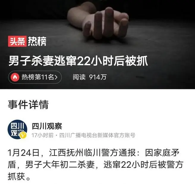 男子杀妻逃窜22小时后被抓 究竟发生了什么呢