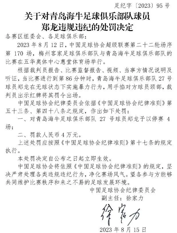 锁喉对手，辱骂球童，罚！中国足协连开两张罚单